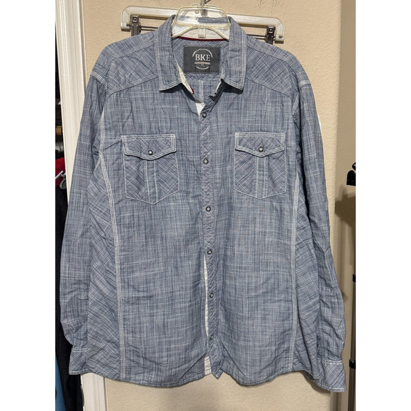 BKE Buckle Western Pearl Snap Shirt Blue Chambray Mens XXL 100% cotton FLAW - Picture 1 of 7